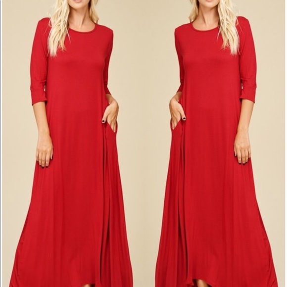 New Solid Red Maxi 3/4 Sleeves Side Pockets sm/xlg - Picture 3 of 5